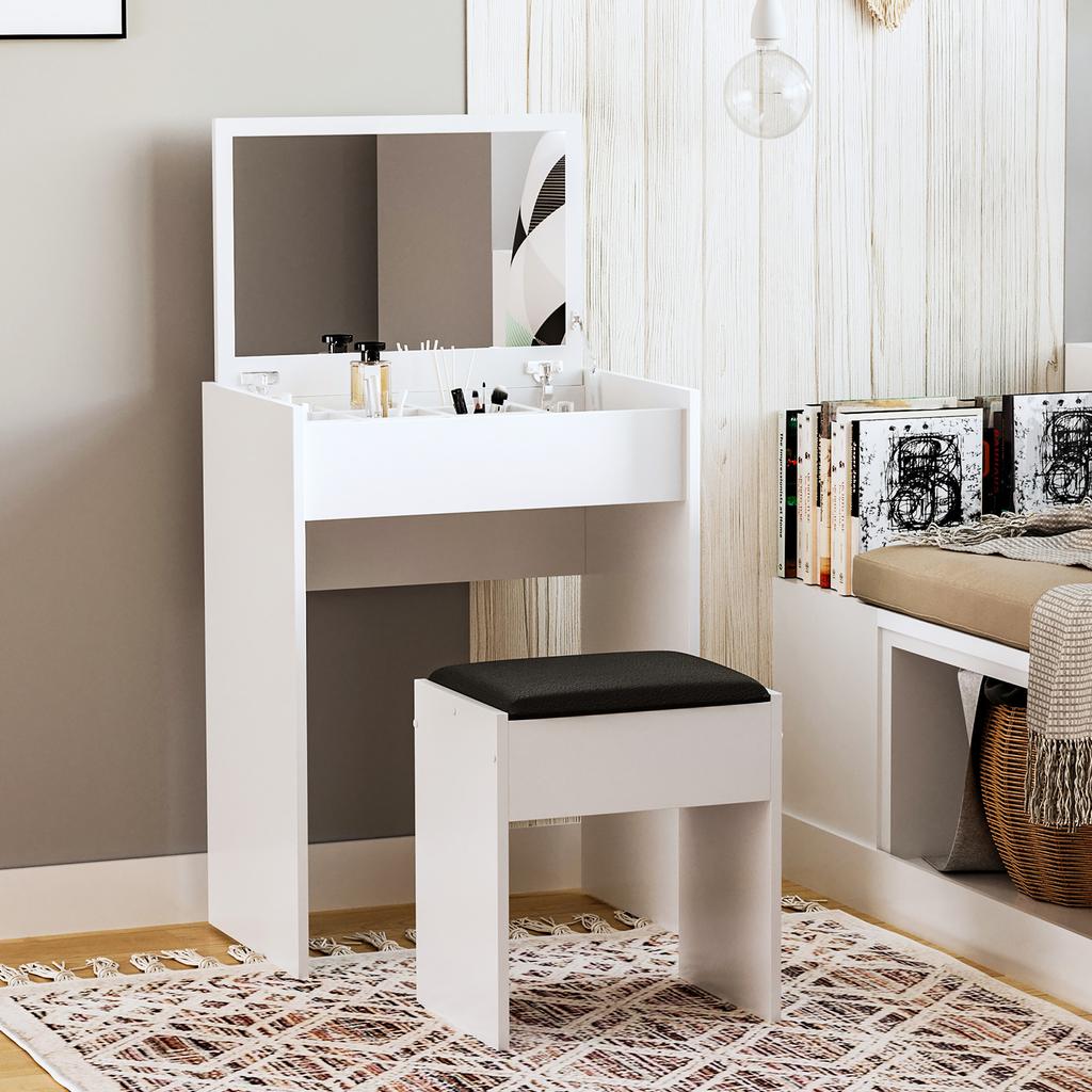 Tocador de Maquillaje con Espejo Plegable, Tocador de Maquillaje Moderno, con Taburete, Compartimento de Almacenamiento con 10 Secciones, MDF Blanco, 60.2 x 40.2 x 79cm