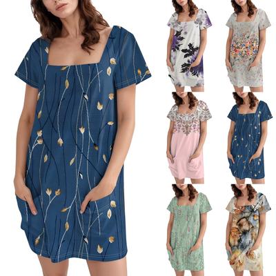 Women's Square Collar Short Sleeve Fashion Skirt Floral Print Pocket Casual Dress