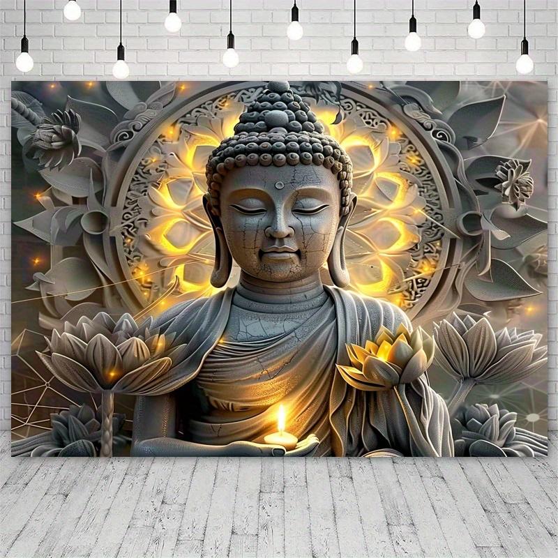 Giant Buddha Statue and Lotus Pattern Tapestry - Polyester Wall Hanging for Living Room and Bedroom Home Decoration
