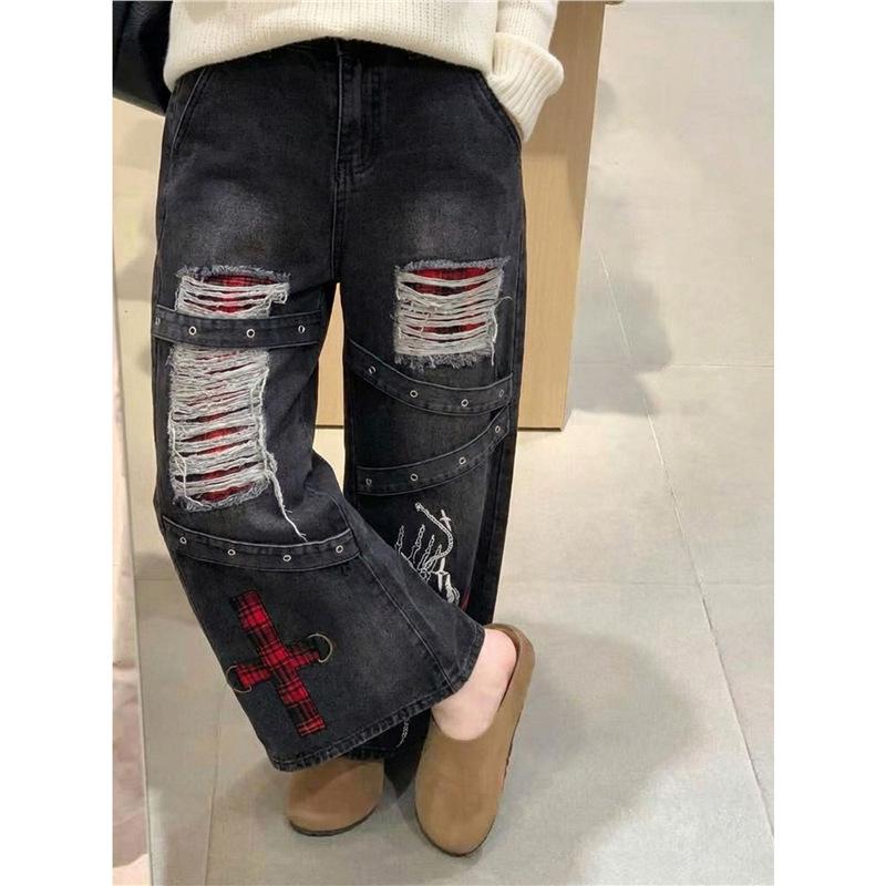 Jeans Punk de Talla Grande con Rotos de Pierna Ancha Estilo Retro para Mujer