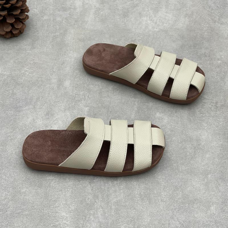 Johnature Genuine Leather Flat Slippers Weaving Hollow-out Breathable Casual Women's Slip-on Shoes