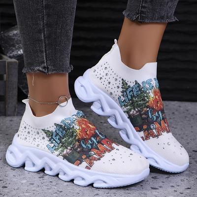Fashion Printed Platform Sneakers Women Lightweight Plus Size Crystal Flats Shoes Woman Comfort Breathable Mesh Walking Shoes