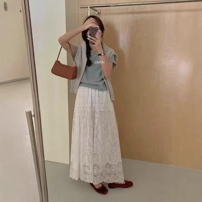 Spitzenrock Sommer Damen hohe Taille Temperament einfarbig Taillenraffung Rock langer Rock