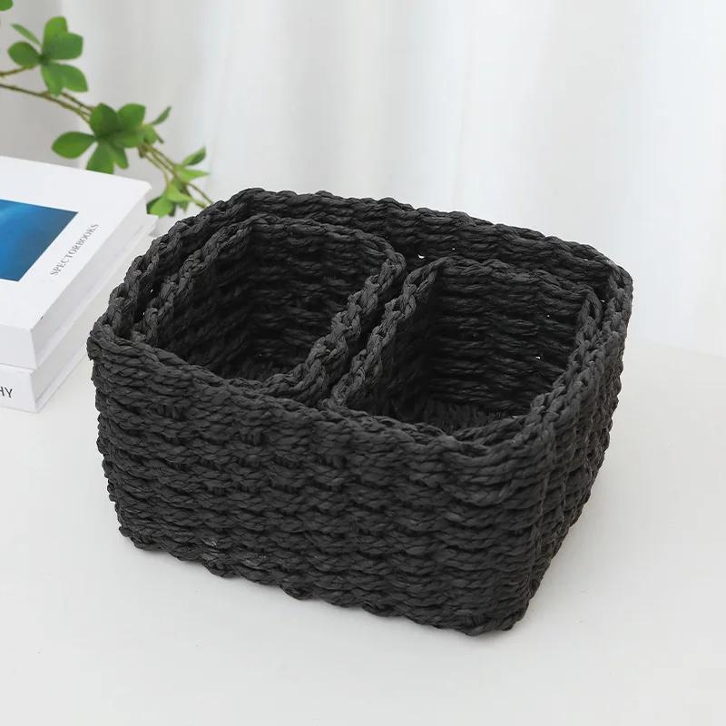 3pcs Handmade Straw Woven Soft Round Paper Rope Storage Basket for Organizing Decorative Storage Bins Office Storage Box