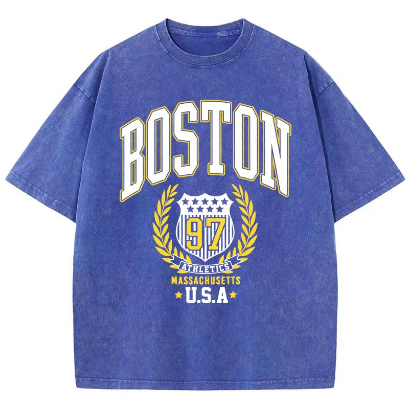 Vintage Womans Acid Wash T-Shirts Boston Athletics Badge Prints Tops Crewneck Cotton Oversize Tee Shirts Clothes