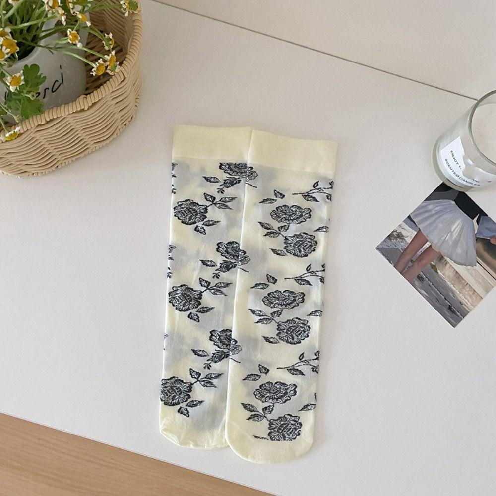2Pairs Streetwear Retro Rose Stockings Lolita JK Mid Tube Long Socks Sweet Flower Stockings  Summer