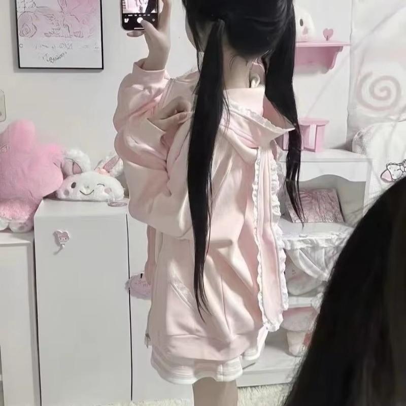Schattige Konijnenoren Hoodie Dames Kawaii Konijn Print Sweatshirt Lente Herfst Y2K Kant Konijnenoor Capuchon Jas Roze Lolita Meisje Jas