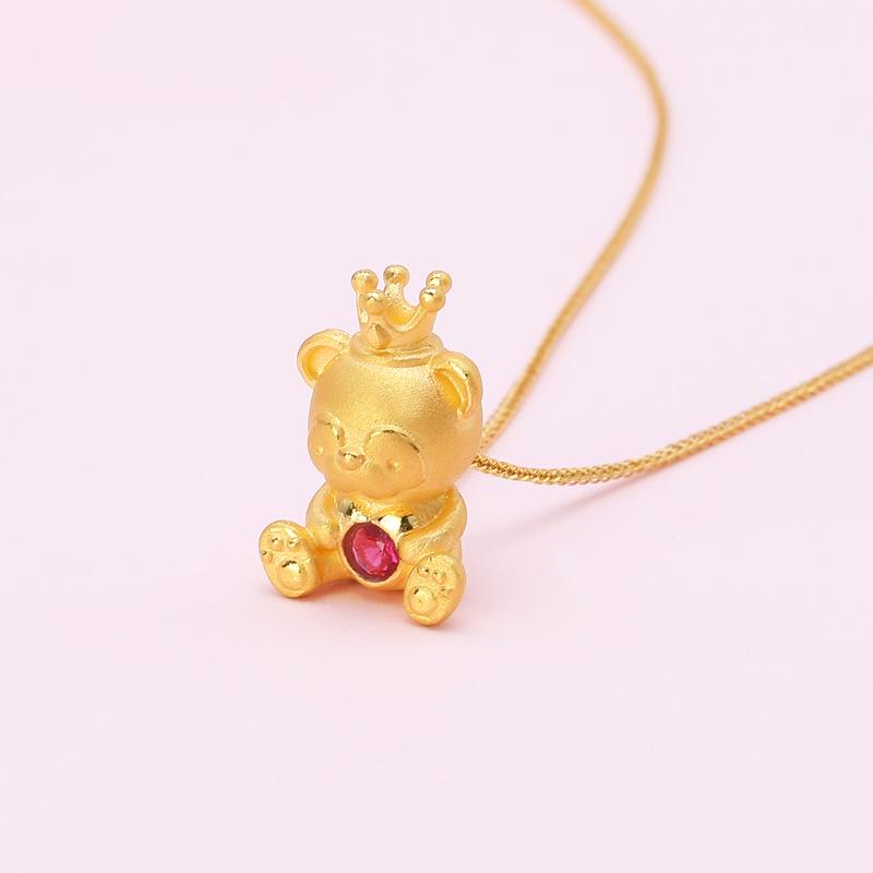 Gold-Plated Crystal Teddy Bear Pendant Necklace & Open Crown Ring Set for Women