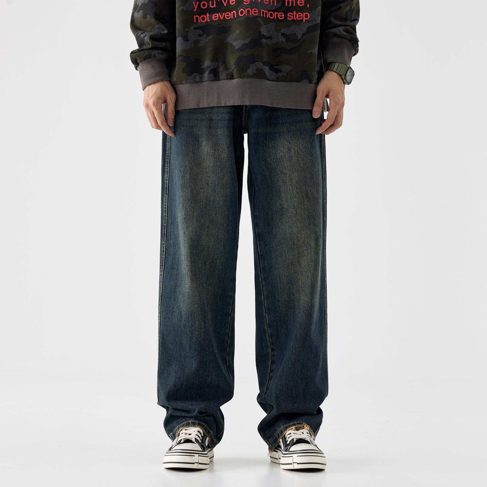 

Fleece Thickened Jeans Men s Street Hip-Hop Loose Straight Draped Retro Wide Legs 28