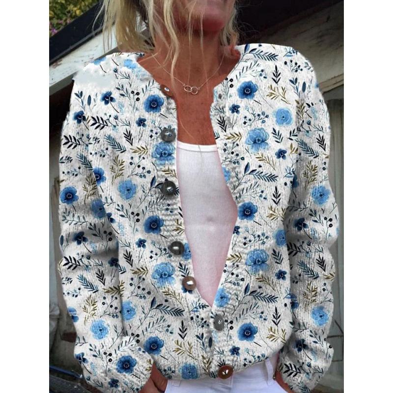 Cardigan Tricot Femme Col Rond Boutonnage Simple Imprimé Floral Manches Longues Vêtement d'Extérieur Décontracté