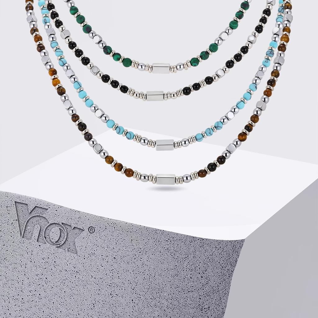 Vnox Stainless Steel Natural Stone Beaded Necklace for Men Women, Trendy Charm Choker, Bohemia 45-53cm Adjustable Length Jewelry