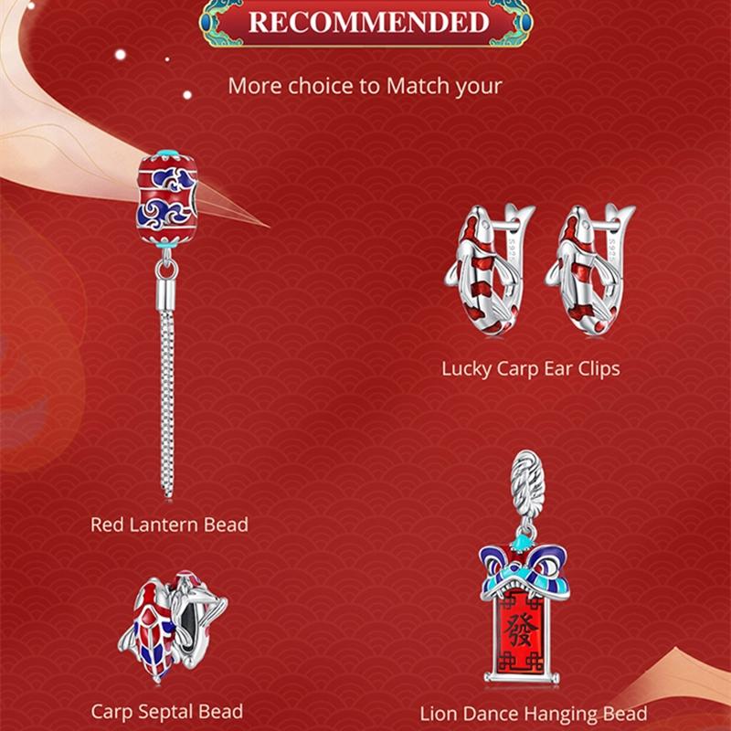 BAMOER 925 Sterling Silver Chinese New Year Series Red Enamel Lion Dancing Hanging Bead for Women Bracelet and Necklace