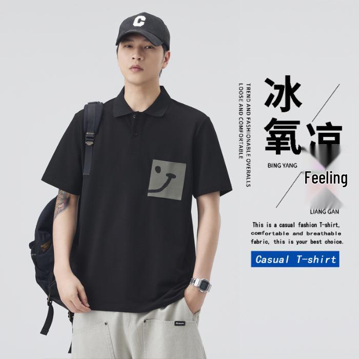 Men s Japanese Summer Polo Tee - Short Sleeve, Loose Fit, Trendy Smiley Face Print M чёрный