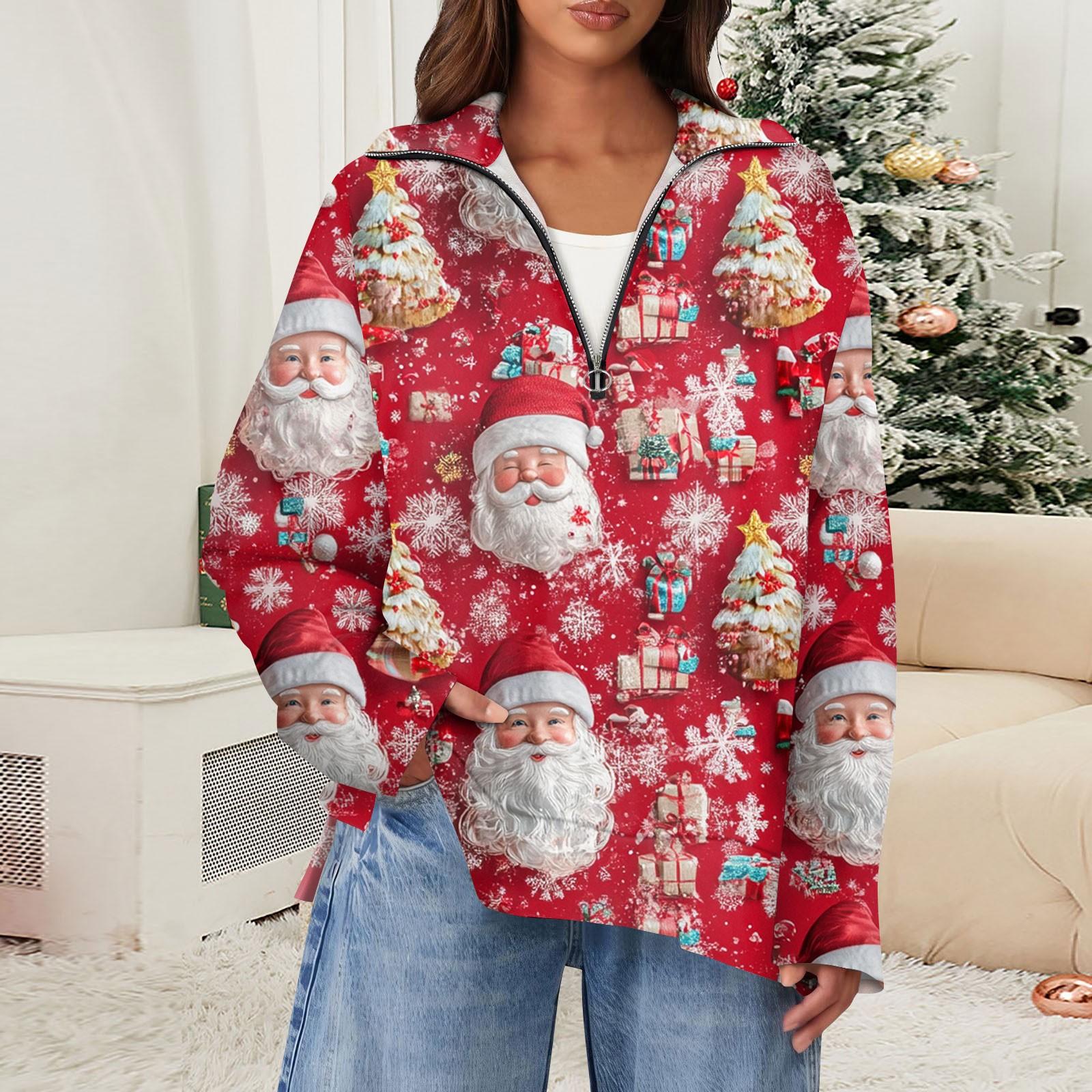 Женская повседневная полумолния с лацканами и рождественским принтом — фото 10