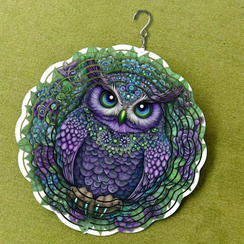 Vibrant 10-Inch Metal Wind Chime with Colorful Owl Design, 360° Rotating Hook - Battery-Free