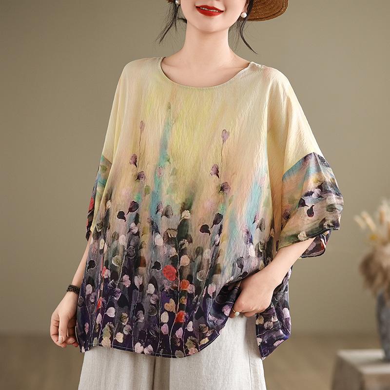 Lösa Blusar i Stora Storlekar Sommar Hampa Bomull Etnisk Stil Fladdermusärmar Koreansk Rundhalsad T-shirt för Kvinnor