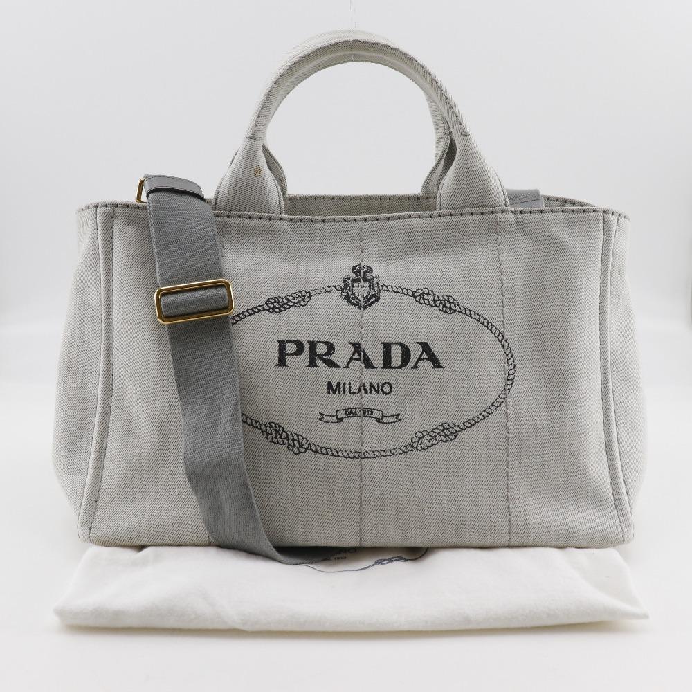 PRADA Canapa Handbag 1BG439 Triangle With Logo Light gray denim Women Used