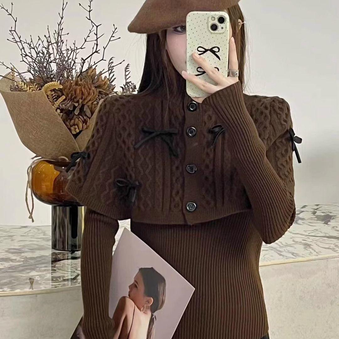 

Женский красный плащ-шаль-свитер: Высококачественный вязаный костюм-двойка Осень/Зима Extra Large кофейный