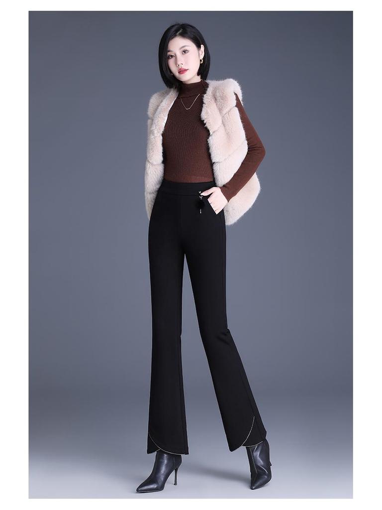Women's Black Silk Cotton High-Waist Winter Pants - Slimming, Warm, Thickened, Korean-Style, Versatile, Stylish, Slightly Flared.