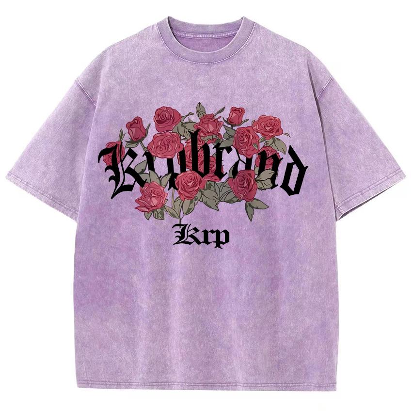 Romantisches Rosen-Buchstaben-Print Damen-T-Shirt Gewaschen Übergroß Locker Unisex Kurzärmlig Lässig Elegant Oberteil Sommer