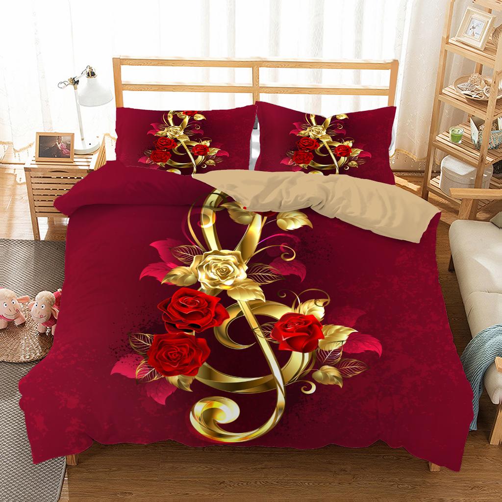 Golden Red Rose King Queen Duvet Cover Romantic Floral Bedding Set Valentine's Day Flowers Quilt Cover Polyester Comforter Cover