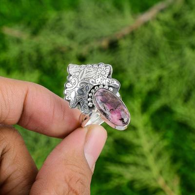 Rhodonite Gemstone Boho Stackable Heart Chakra Ring Jewelry 925 Sterling Silver