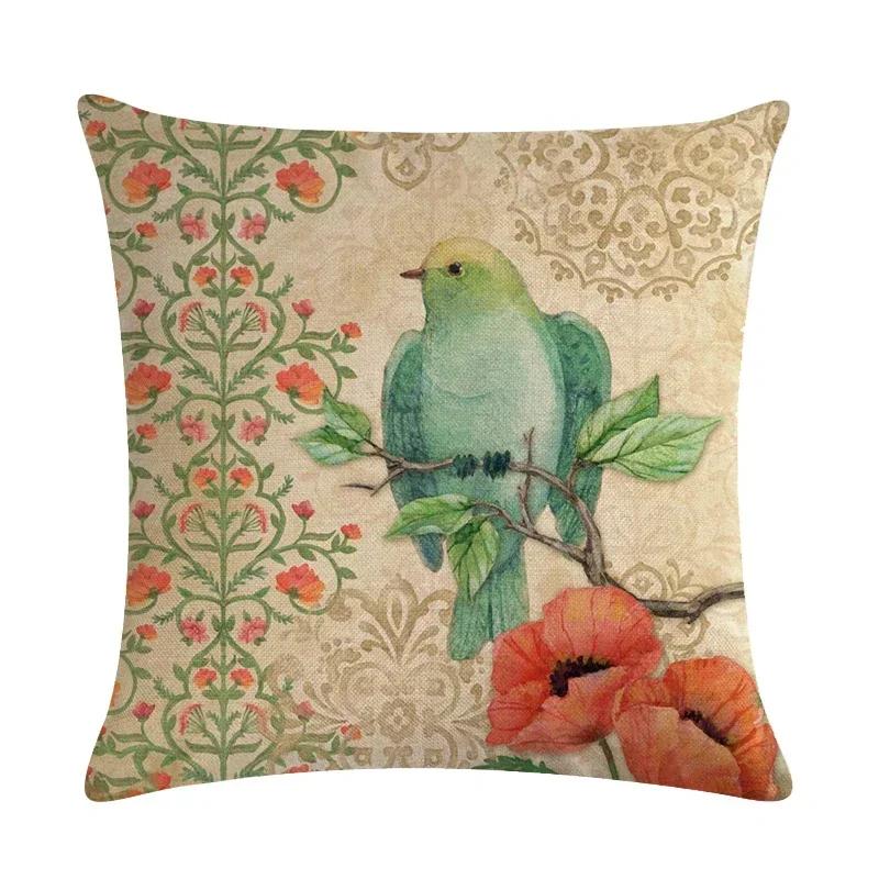 Lovely Flower And Bird Cushion Cover Retro Print Linen Pillowcase Decoration Living Room Bedroom Sofa Car 45*45Cm