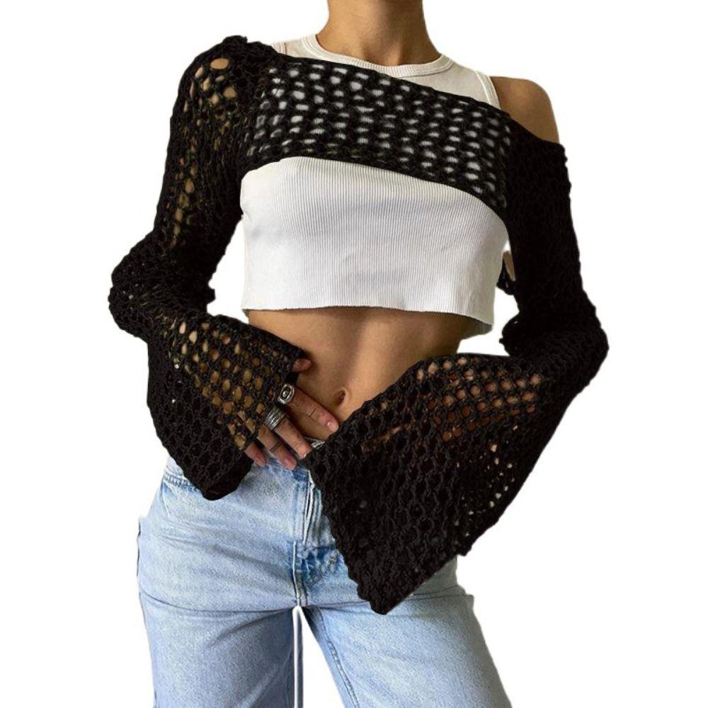 Soft Round Neck Shrug Pullover Y2K Knit Hollow Out Crop Top Women Crochet Crop Top Shopping S