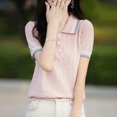 POLO Neck Contrast Color Short-sleeved T-shirt for Women In Summer New Fashionable Age-reducing Thin Temperament Versatile Knitted Top