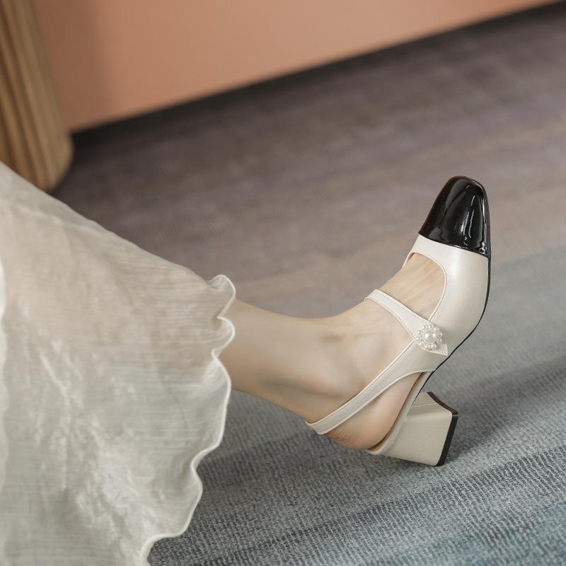 Baotou sandals women's thick heel pearl medium heel temperament Mary Jane single shoes