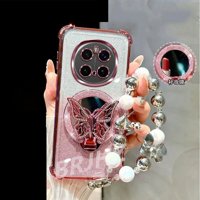 Mirror Shockproof Magnetic Case for Realme 14 13 12 Pro Plus C75 C71 C65 C63 C55 C53 C51 Butterfly Phone Holder bracelet Cover