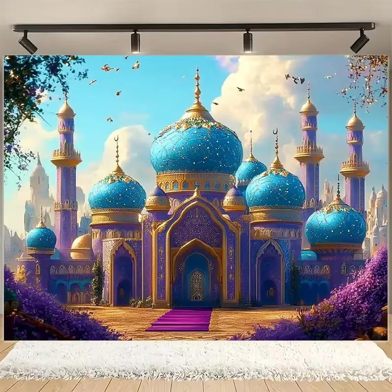 

Purple Blue Magic Palace Backdrop Arabian Fantasy Castle Kids Birthday Baby Shower Photography Background 47.2x31.5inch/120*80cm