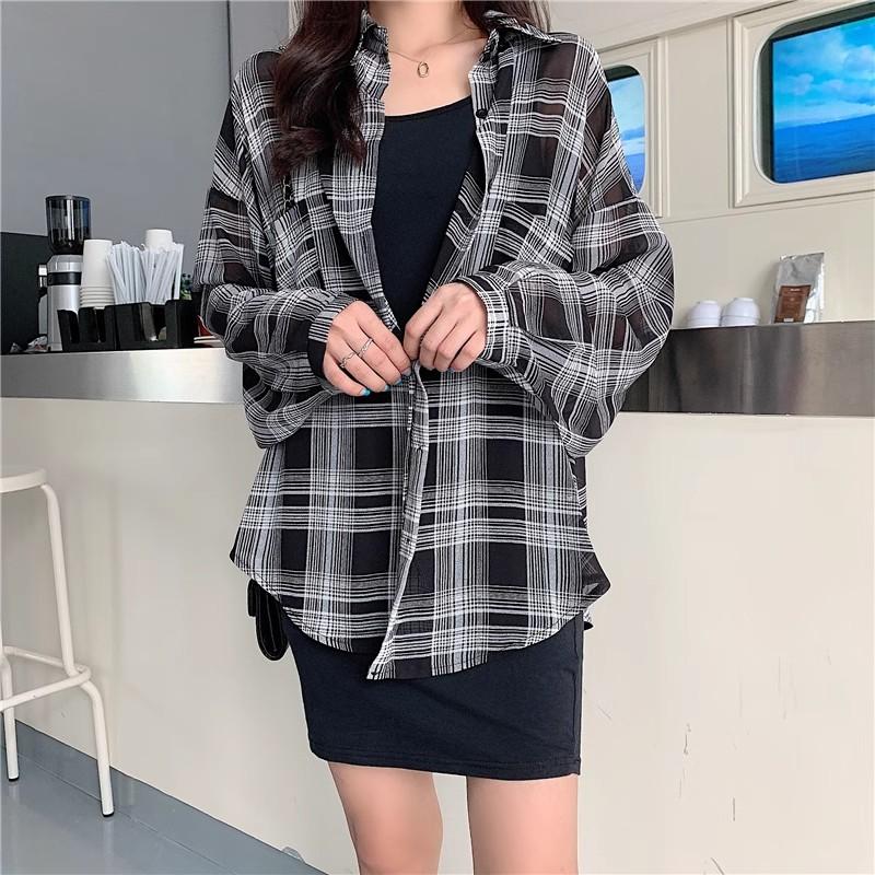 Summer Women's Plaid Ice Silk Shirt Thin Outerwear Cover Up Sun Protection Top Long Sleeve Mid Length Other Material 100%