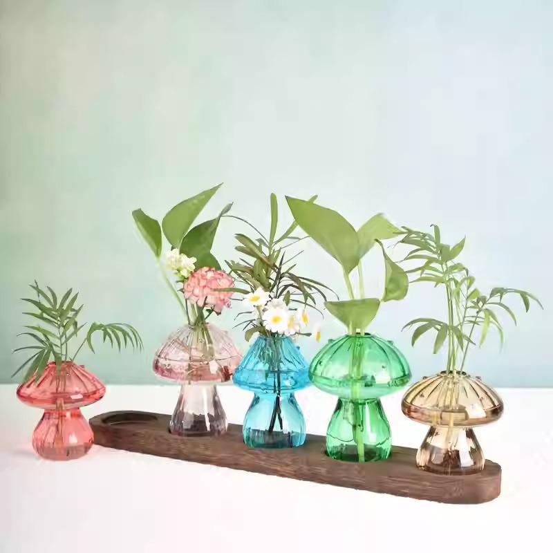 Modern Colorful Mushroom Glass Vase - Exquisite Art Ornament for Living Room, Small Hydroponic Container