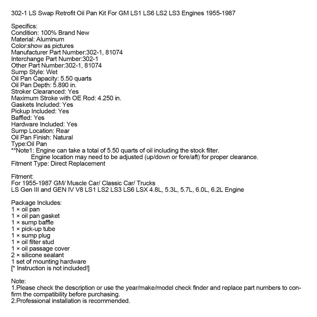 302-1 LS Swap Retrofit Oil Pan Kit For GM LS1 LS6 LS2 LS3 Engines 1955-1987