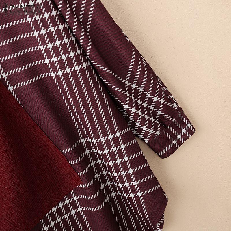 ZANZEA Women Stand Collar Long Sleeve Plaid Print Patchwork Irregular Pullover Tops