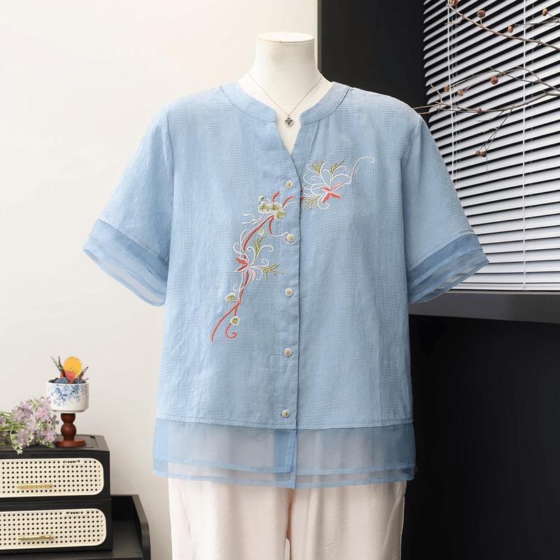 Yuzhaolin Embroidered Short Sleeve Shirt for Middle-Aged Women 2XL