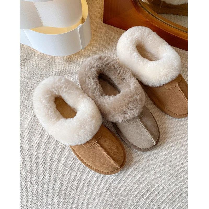 Flat-bottomed leather fur integrated snow boots women's new winter one-pedal plush warm fluffy shoes cotton shoes