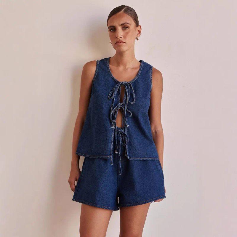Western Style Summer Fashion Casual Vest Denim Suit Shorts Casual Vest and Shorts Set