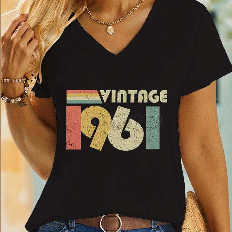 Women 60th Birthday Essential Classic Tops Vintage 1960 To 1969 Graphic T Shirts Short Sleeve Vneck 60 Years Old TShirt Tops