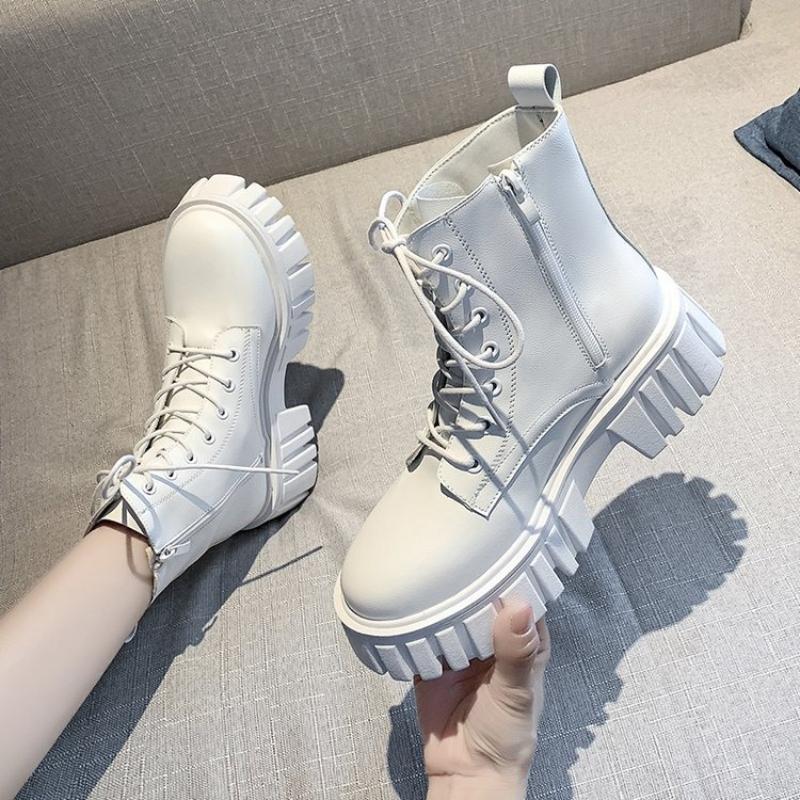 Fashion Autumn Women's Boots PU Leather Women Mid Calf Boots Soft Soled Non Slip Platform Shoes Lace Up Fashion Women Shoes High Quality