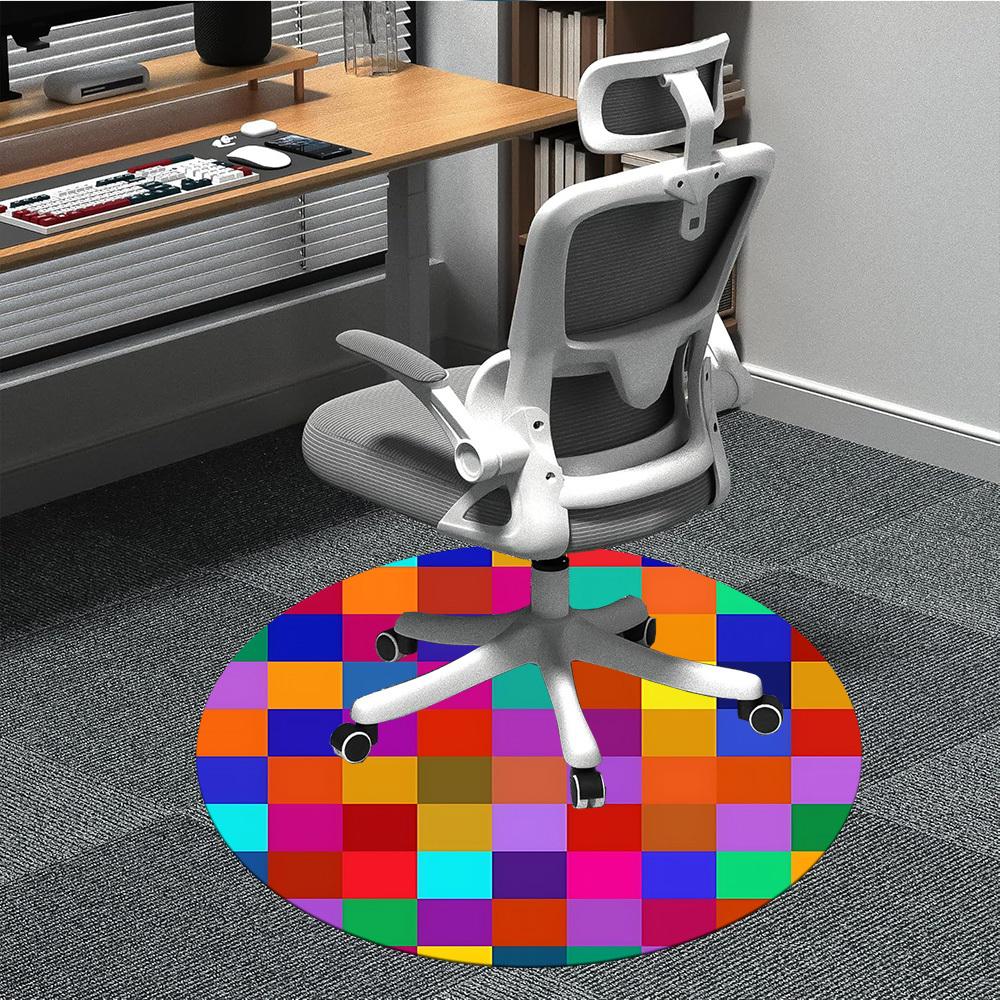 1pc Colorful Checkered Pattern Chair Carpet for Office, Round Polyester Mat, Indoor Decor for Office, Easycare Fabric, Washable Non-slip Area Carpet