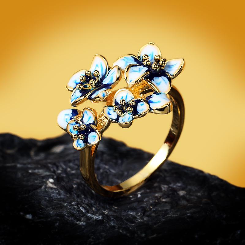925 Creative Blue Flower Enamel Epoxy Zircon Ring For Women Jewelry Wedding Party Engagement Ring Bohemia