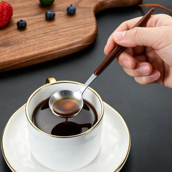 Kaffeskje i rustfritt stål med håndtak i trestruktur, Liten røreskje, Rustikk teskje for dessert og iskrem, Kjøkkenverktøy