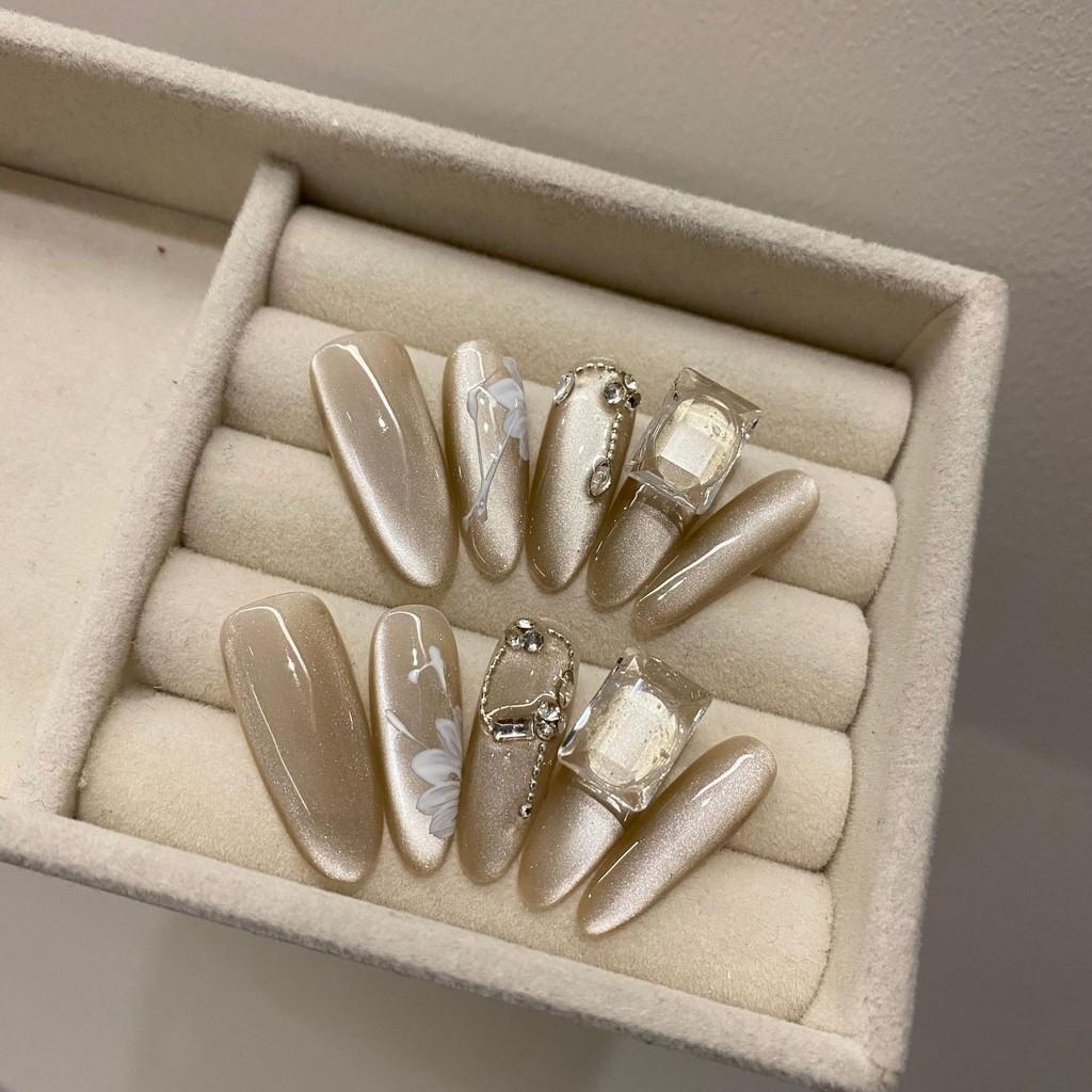 100 % HANDGEMACHT, lange Wassertropfenform, handgezeichnete Blumen, einfarbig grau, Katzenauge, Diamant, sanfte Metallkette, künstliche Nägel, Kunst, wiederverwendbar und abnehmbar