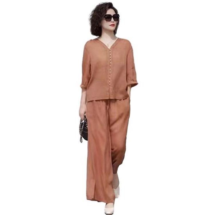 Women Casual 2 Piece Outfit Sleeve Button Down Shirt Wide Leg Pants 45720