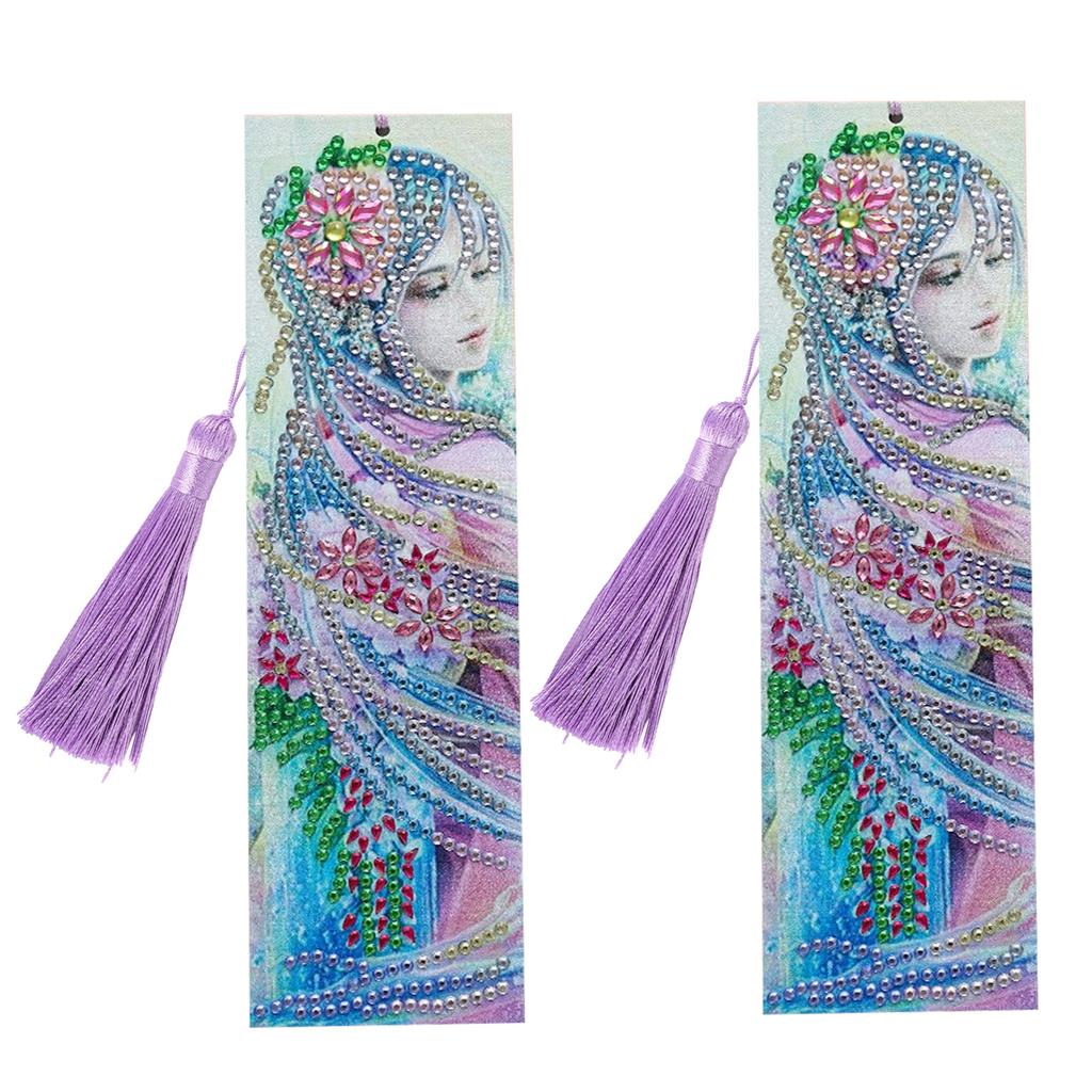 2 Set Diamond Bookmarks Crystal 5D DIY Painting Fancy Shape Round Lady Pattern Hanging Craft
