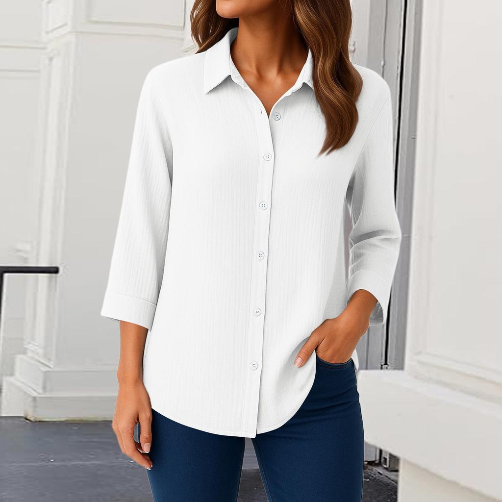 Womens Button Down Shirts 3/4 Sleeve Casual Collared Shirt Loose Blouses Solid Color Tops With Pocket
