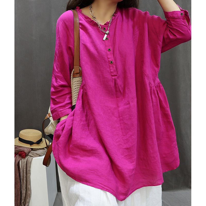 

2026 Retro Linen Casual Women s Three-Quarter Sleeve Doll Shirt XL