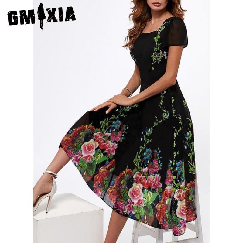 GMXIA Summer Women Elegant Floral Print U Neck Short Sleeve Evening Dress